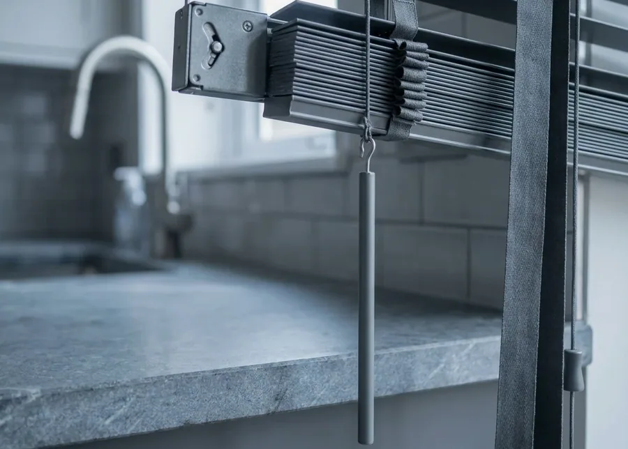 Close-up of a venetian blind headrail, chain and tilt mechanism during a service call