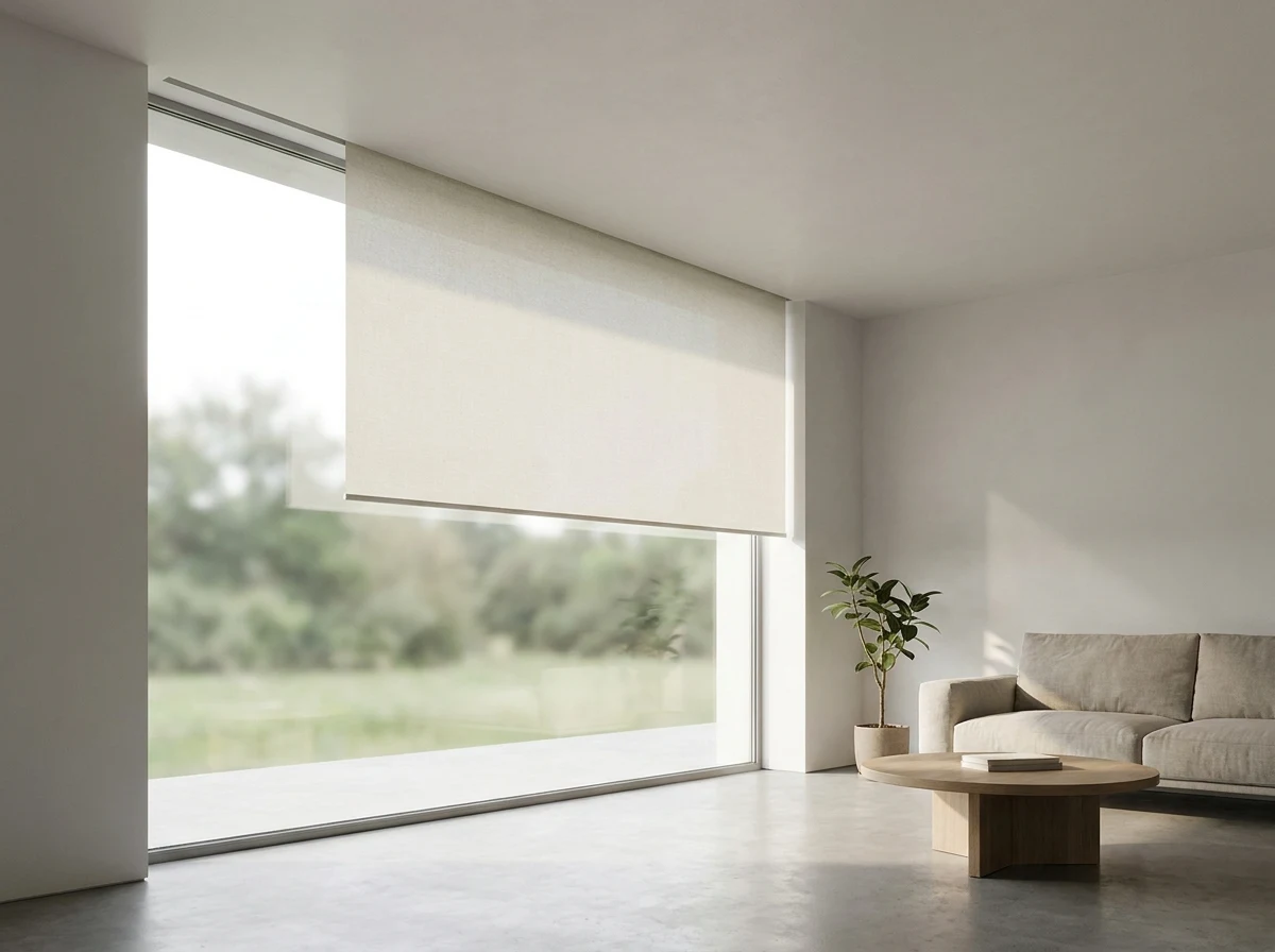 Blind dropping seamlessly from a concealed ceiling recess above a picture window, with no visible headbox