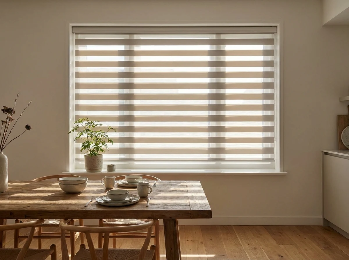 Day-night zebra blind with alternating sheer and solid bands drawn across a dining-room window