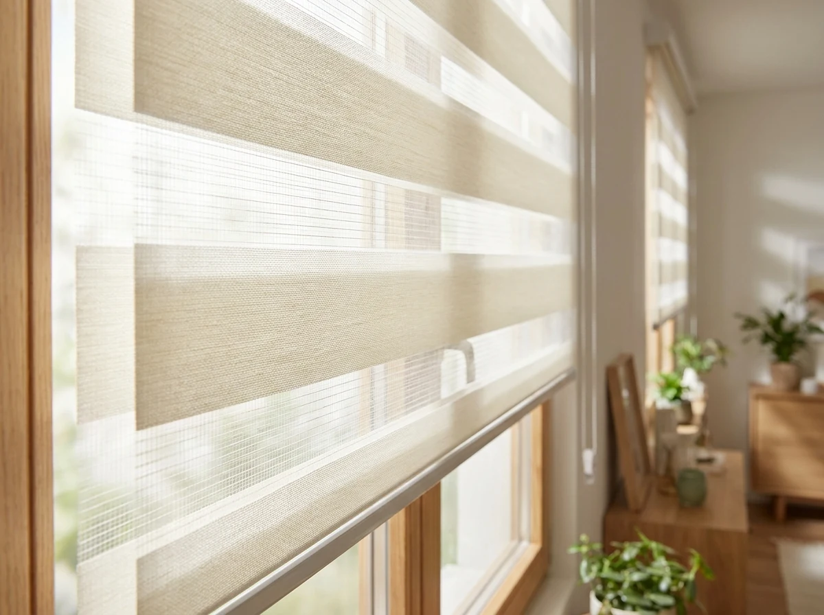 Close-up detail of a day-night zebra blind's alternating sheer and solid fabric bands over a bedroom window