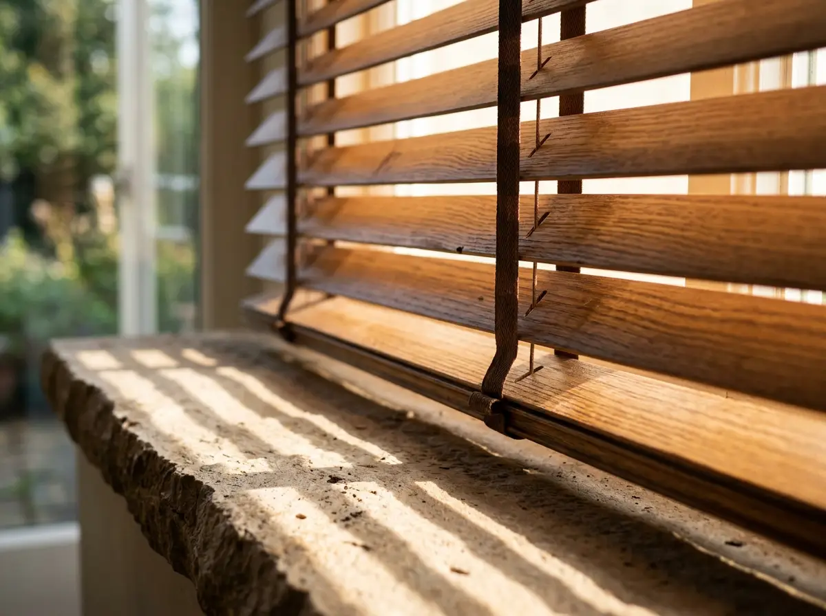 Close-up of timber venetian slats and their ladder tapes, throwing striped light across a stone sill