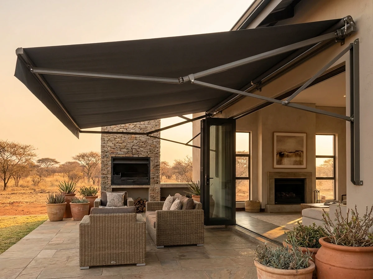 Folding-arm awning extended over a stone-built braai patio on a Boardwalk Meander family home, carried on hinged arms with no posts in the way, opening onto a bushveld-view living room