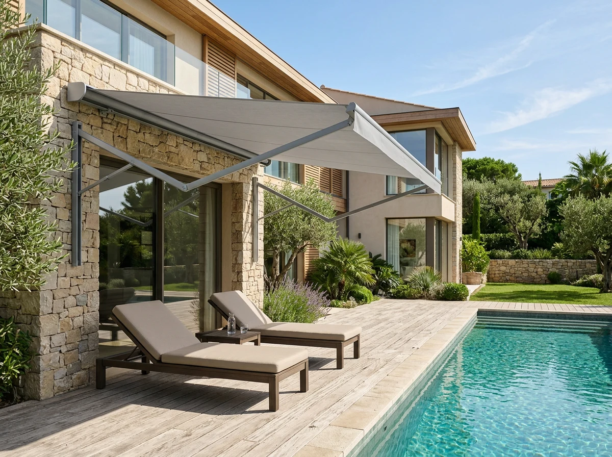 Folding-arm awning extended over a poolside deck, carried on hinged arms with no support posts