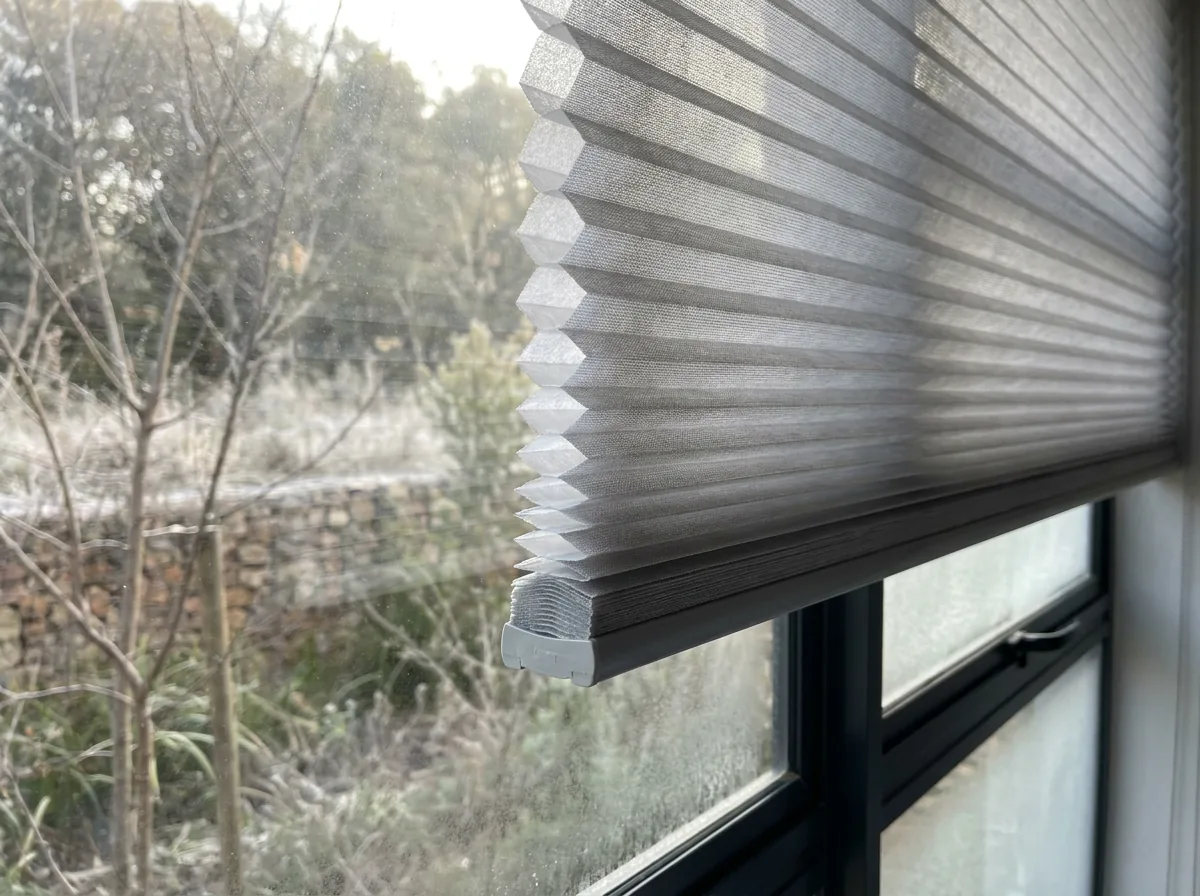 Close view of a cellular honeycomb blind half raised at a window in a home in The Wilds, its concertina of hexagonal air cells clearly visible edge-on between two fabric faces, with a frosted winter garden and estate wall softly out of focus beyond the glass