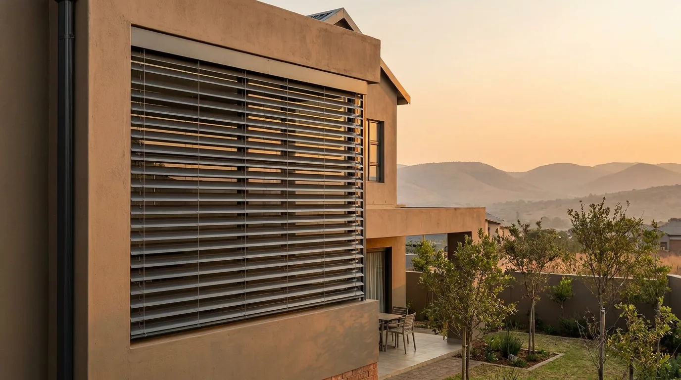 An external aluminium venetian blind mounted outside a west-facing window of a contemporary rendered double-storey home in The Wilds, wide slats in slim side guide rails tilted against a low late-afternoon sun, a small paved patio and young estate garden trees below, and the folded Bronberg hills soft in the background