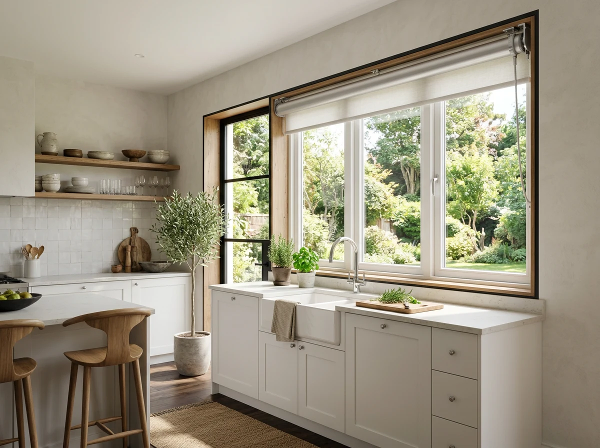 Motorised roller blind fully raised above a large kitchen window, sleek tube mechanism visible at the head rail