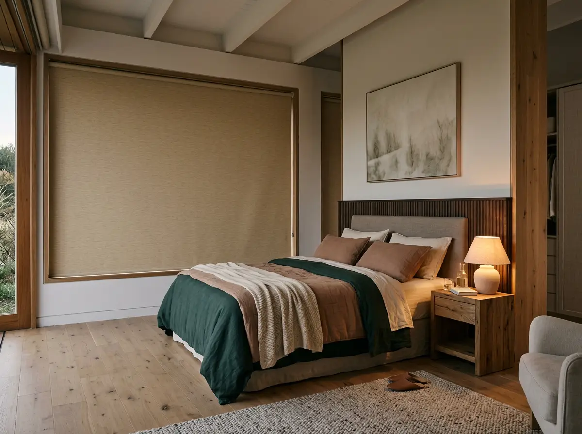 Main bedroom in a new-estate home with a wide blockout roller blind lowered across the window wall