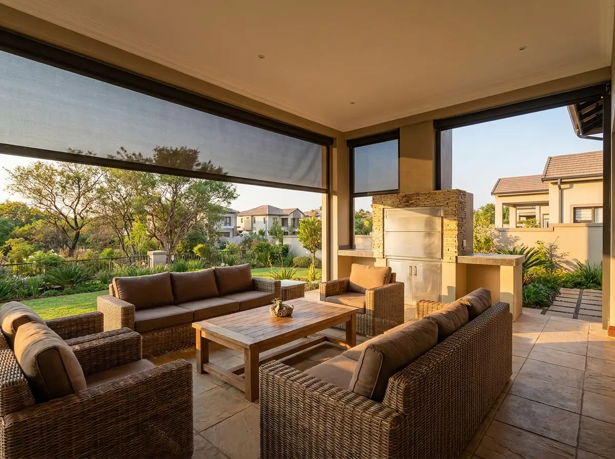 Covered patio with a zip screen lowered down the open side, keeping the view over the garden