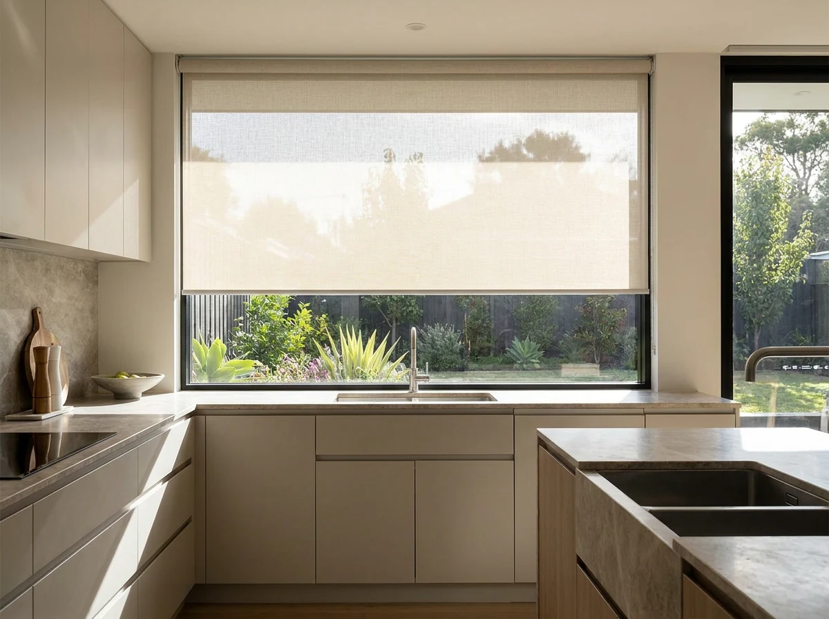 Sunscreen roller blind lowered halfway over a bright kitchen window, open-weave fabric softening the sunlight