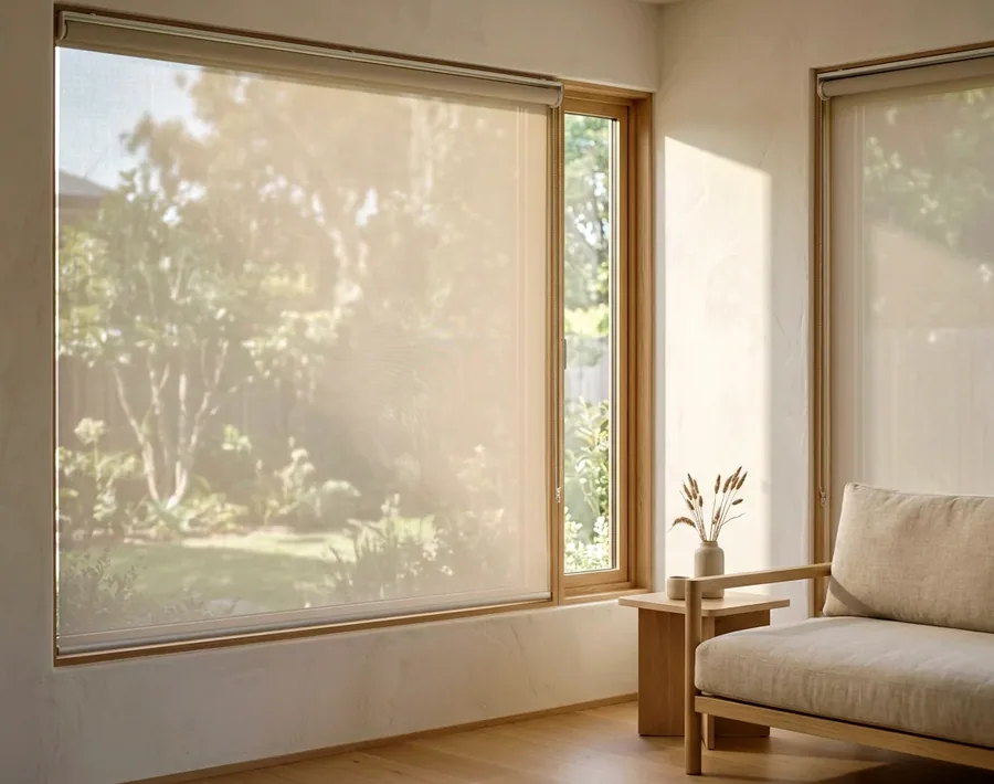 Sunscreen roller blind lowered over a garden-facing window: one flat sheet of open-weave fabric on a tube, with no folds or slats