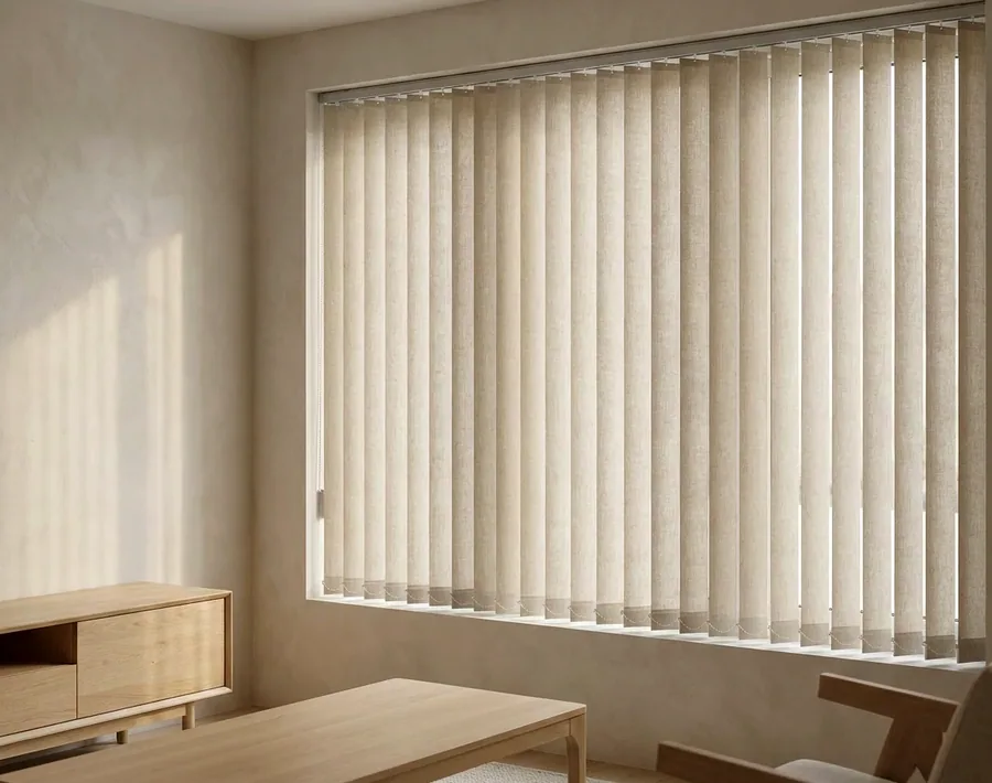 Vertical blind vanes tilted across a wide living-room window