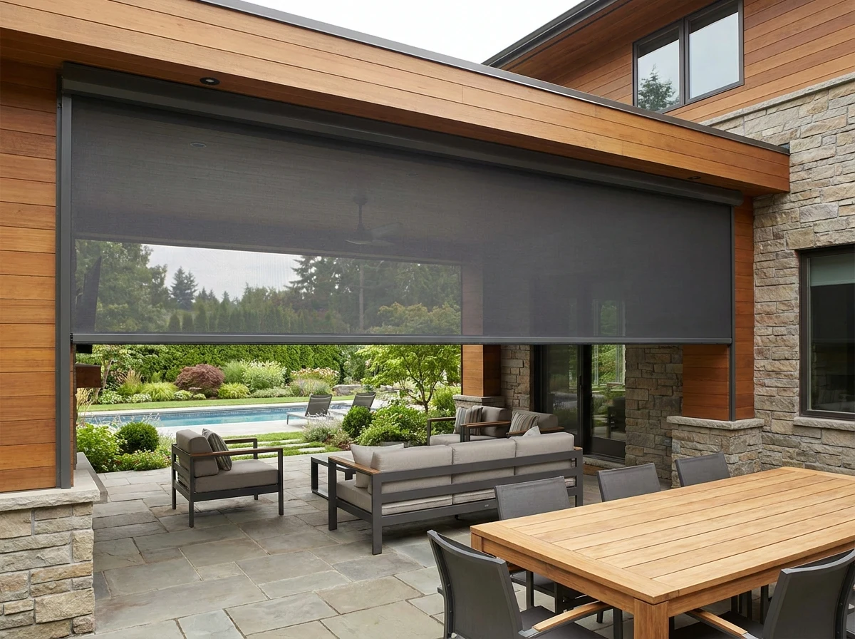 Zip screen mesh lowered in side channels across a covered outdoor entertainment area, tensioned fabric blocking wind and glare