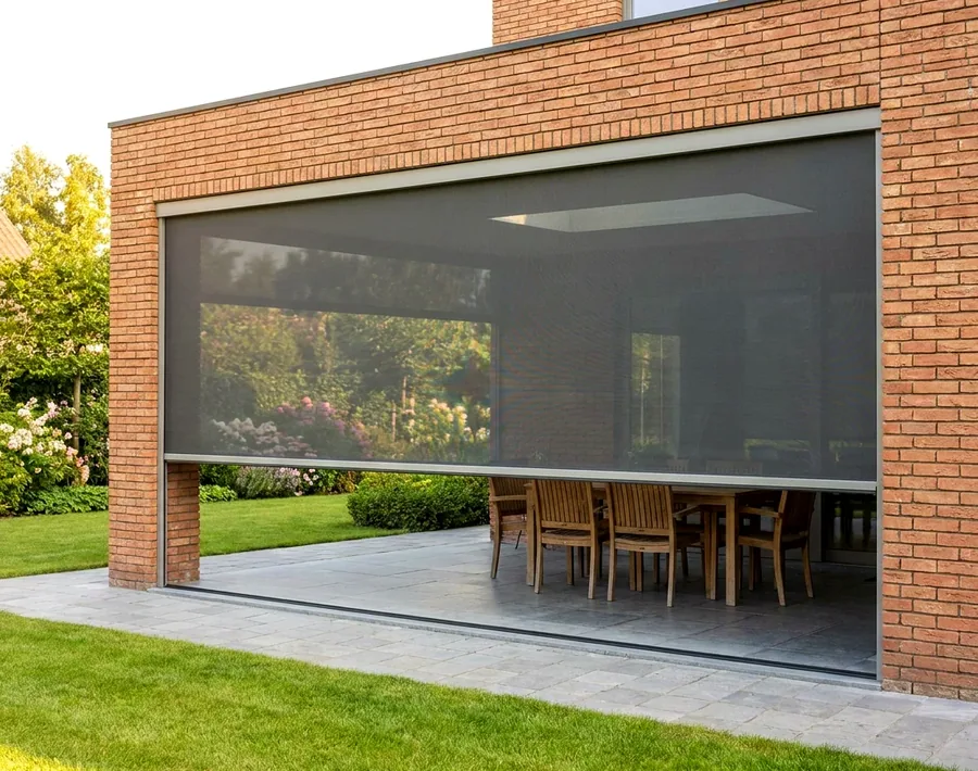Zip screen mesh held taut in side channels across the open side of a covered patio